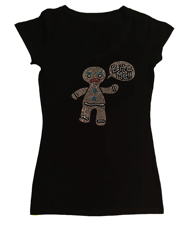 Women's Rhinestone Fitted Tight Snug Shirt Gingerbread Man with Bite Me Bubble Zippered Front Buttoned Front Snap Front
