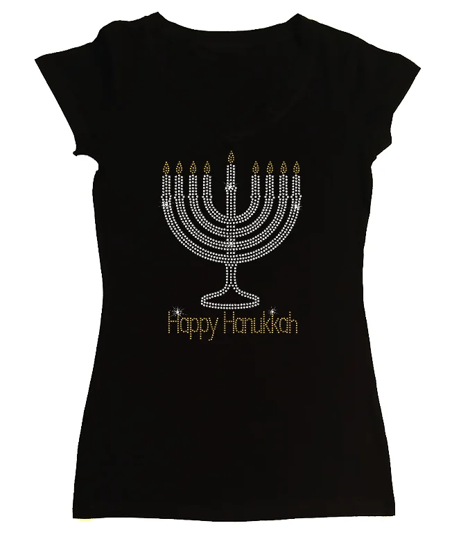 Women's Rhinestone Fitted Tight Snug Shirt Happy Hanukkah with Menorah - Holiday Shirt Fleece Fabric Down Fabric Feather Fabric