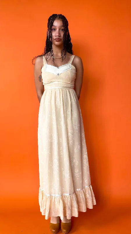 1970s Cotton Prairie Beige Lacy Rose Maxi Dress, sz. S Fashionable Faux Wrap Maxi Dress 1970s Cotton Prairie Beige Lacy Rose Maxi Dress, sz. S Fashionable Faux Wrap Maxi Dress
