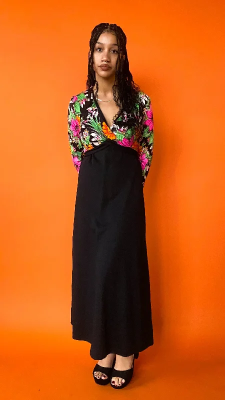 1970s Black Tropical Floral Maxi Dress, sz. M/L Chic Sleeveless Maxi Dress