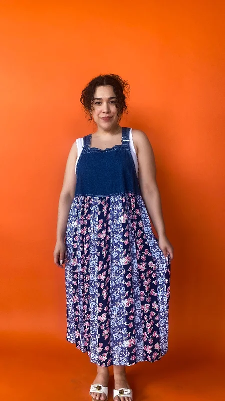 1990s Denim & Floral Overall Maxi Dress, sz. M Comfortable Flowy Maxi Dress