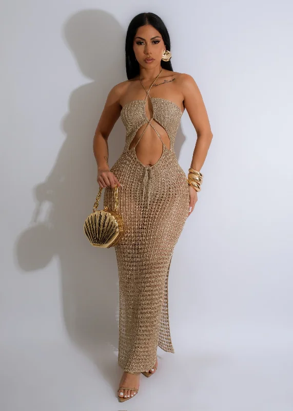 Absolutely Crochet Metallic Maxi Dress Gold Elegant Pleated Maxi Dress