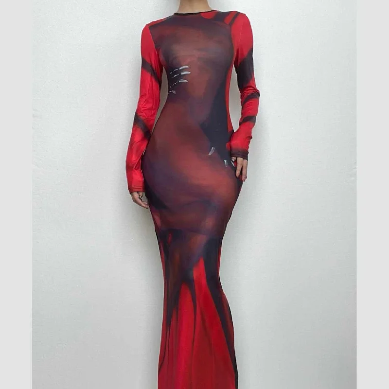 Abstract contrast long sleeve crewneck maxi dress Trendy Button Front Maxi Dress