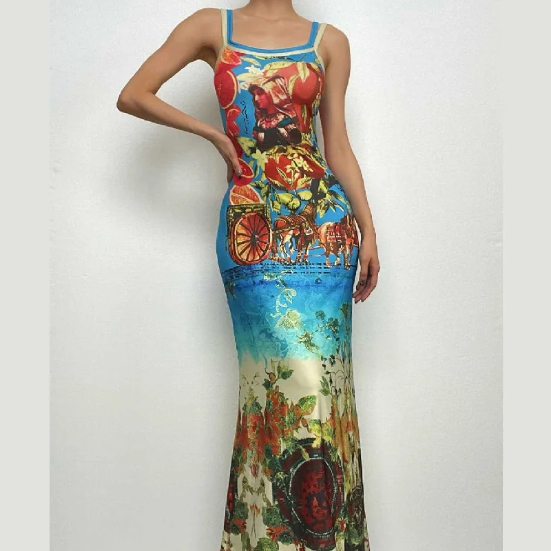 Backless abstract contrast u neck sleeveless maxi dress Comfortable Plunging Neckline Maxi Dress