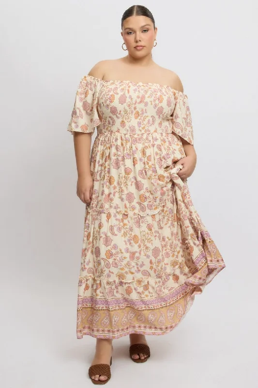 Beige Boho Maxi Dress Short Sleeve Shirred Chic Boho Print Maxi Dress