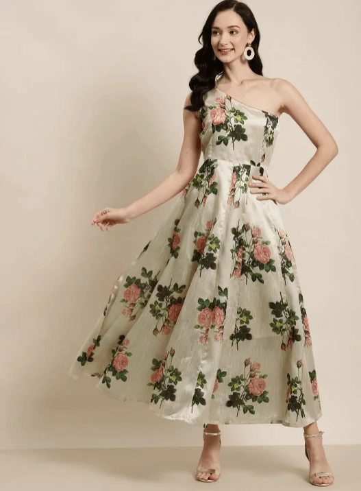 Beige & Peach Floral Print One Shoulder Maxi Dress Elegant Maxi Dress with Slit