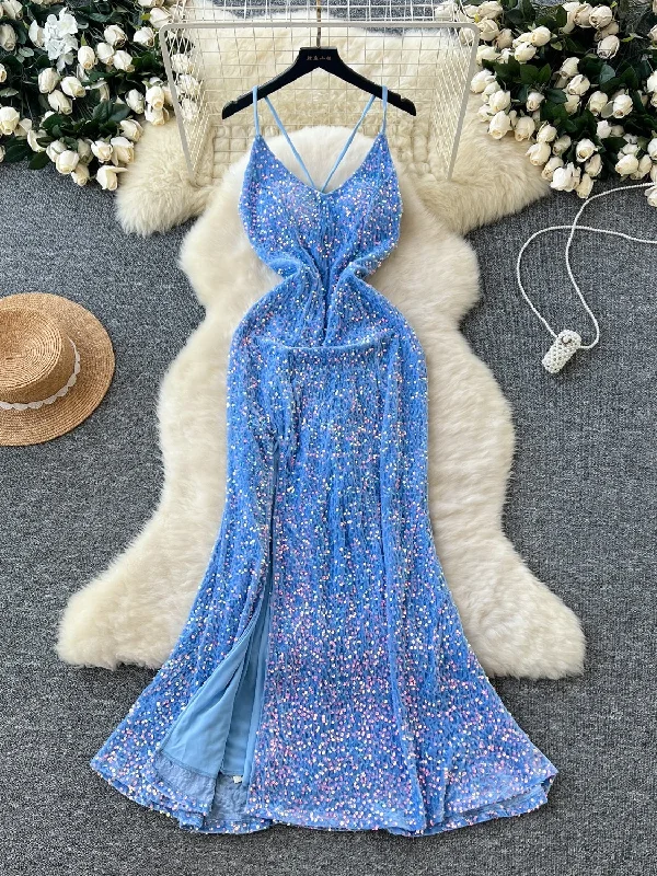 Blue Sequin Backless Midi Maxi Dress Fashionable High-Low Maxi Dress
