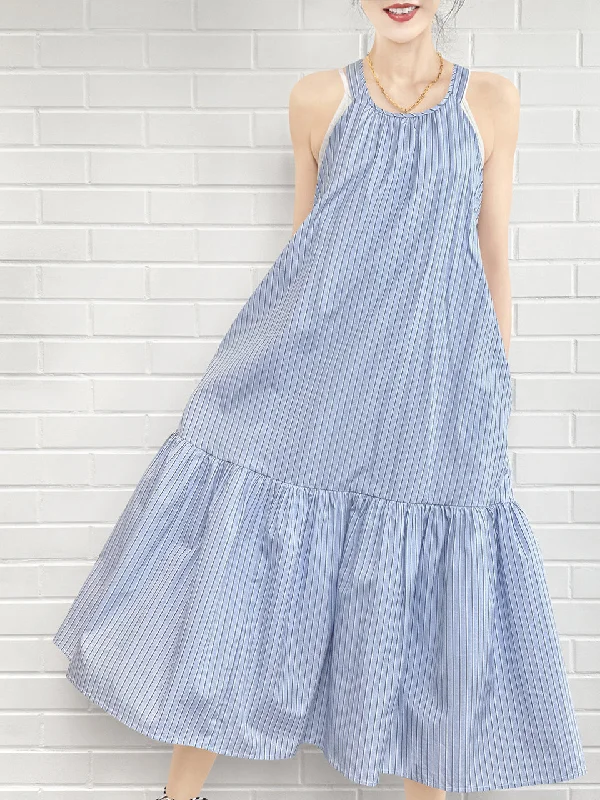 Surprise Sale! Blue Striped Cotton Halter Neck Cross-back Maxi Dress Trendy Off-Shoulder Ruffle Maxi Dress Surprise Sale! Blue Striped Cotton Halter Neck Cross-back Maxi Dress Trendy Off-Shoulder Ruffle Maxi Dress