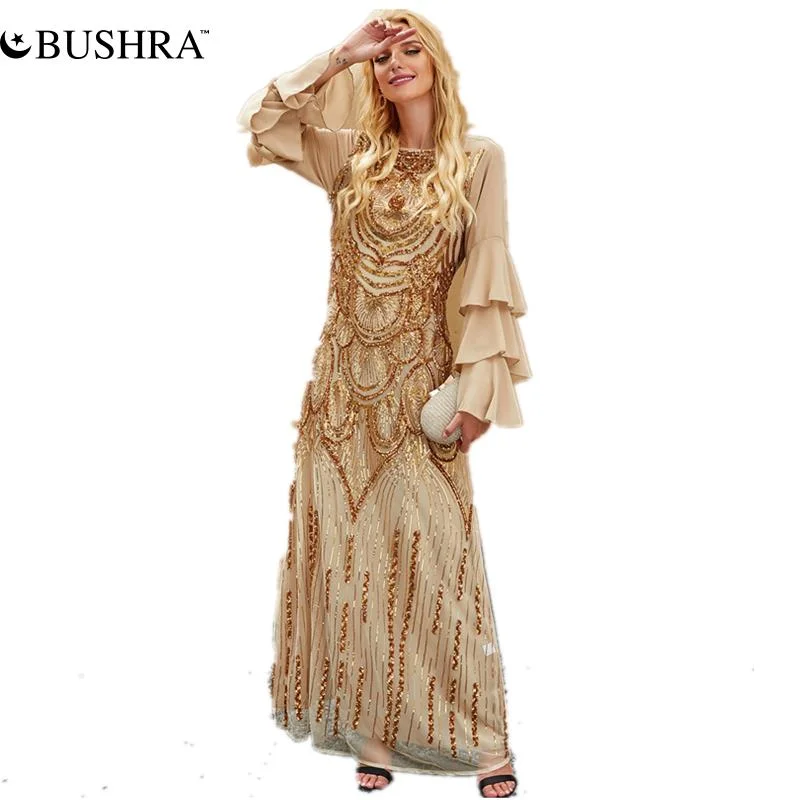 BUSHRA Women Luxury Sequin Maxi Dresses /Chiffon A Line Long Triple Tiered Sleeve Gowns Abaya Cozy Knit Maxi Dress BUSHRA Women Luxury Sequin Maxi Dresses /Chiffon A Line Long Triple Tiered Sleeve Gowns Abaya Cozy Knit Maxi Dress