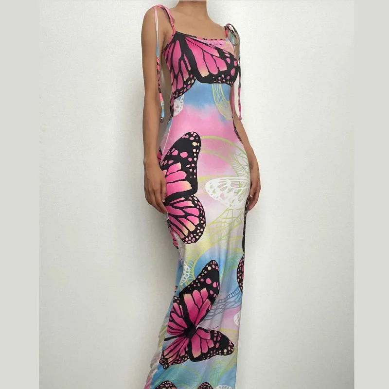 Butterfly pattern ruched backless halter contrast maxi dress Trendy Maxi Dress with Lace Butterfly pattern ruched backless halter contrast maxi dress Trendy Maxi Dress with Lace