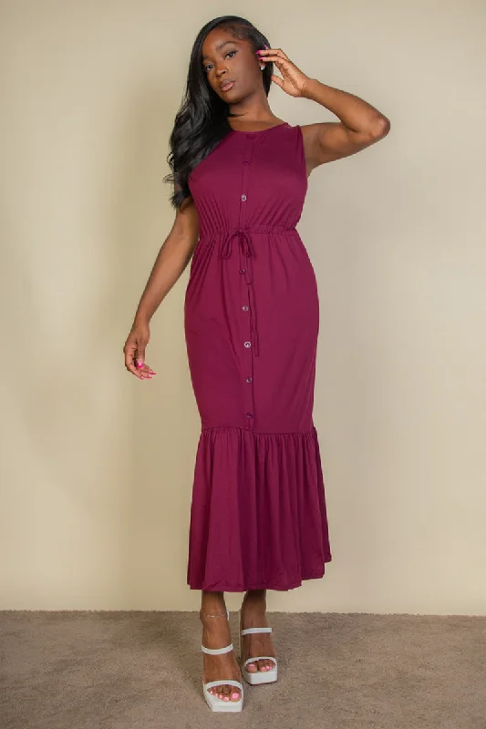 Button Front Tie Waist Sleeveless Maxi Dress Chic Summer Floral Maxi Dress