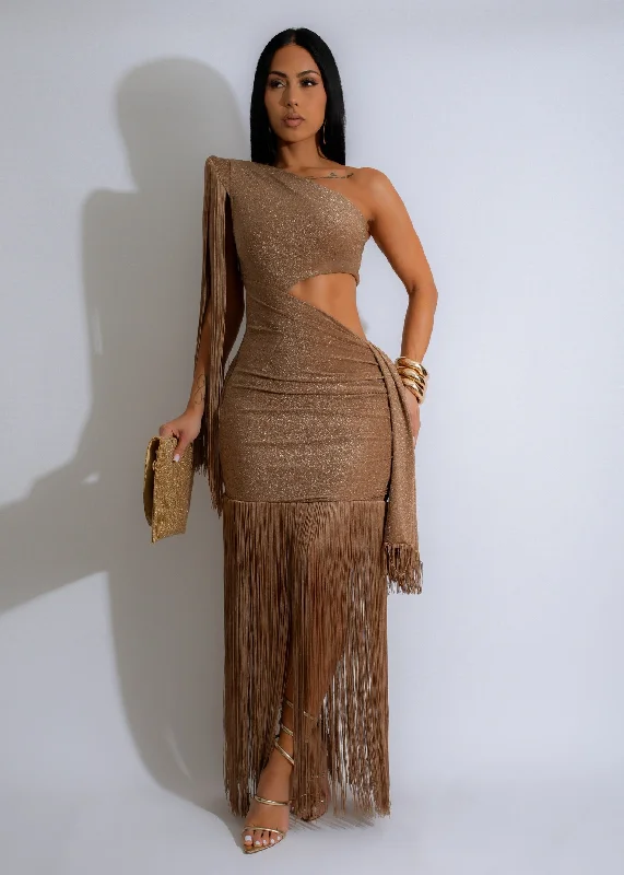 Can't Look Back Fringes Maxi Dress Gold Fashionable Asymmetrical Maxi Dress