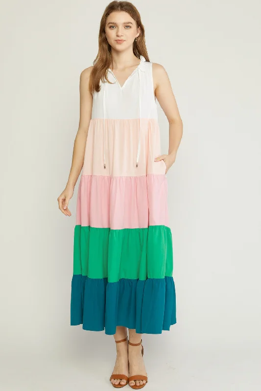 Colorblock Maxi Dress Trendy Button Front Maxi Dress