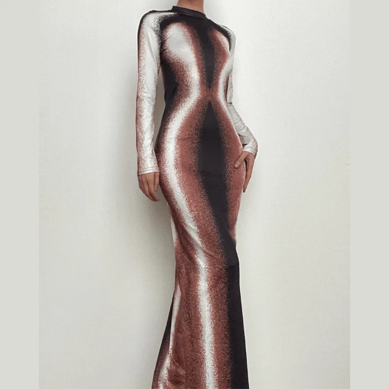 Contrast high neck long sleeve slit maxi dress Trendy Short Sleeve Maxi Dress