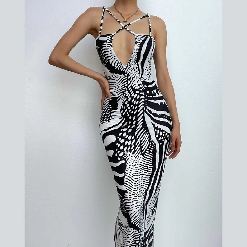 Contrast print cross front backless low cut maxi dress Elegant Maxi Dress with Pockets