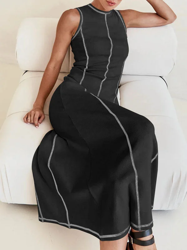 Contrast Stitch Ribbed Knit Tank Maxi Dresses Stylish Pleated A-Line Maxi Dress
