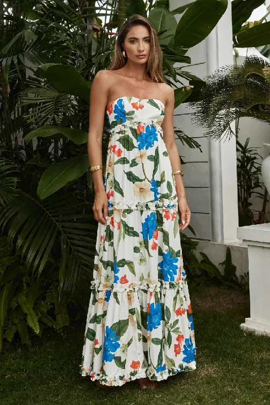 Dario Maxi Dress - White Floral Classic A-Line Maxi Dress