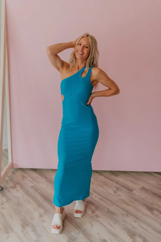 Definite Keeper Aqua Cut Out Maxi Dress Stylish One-Shoulder Maxi Dress