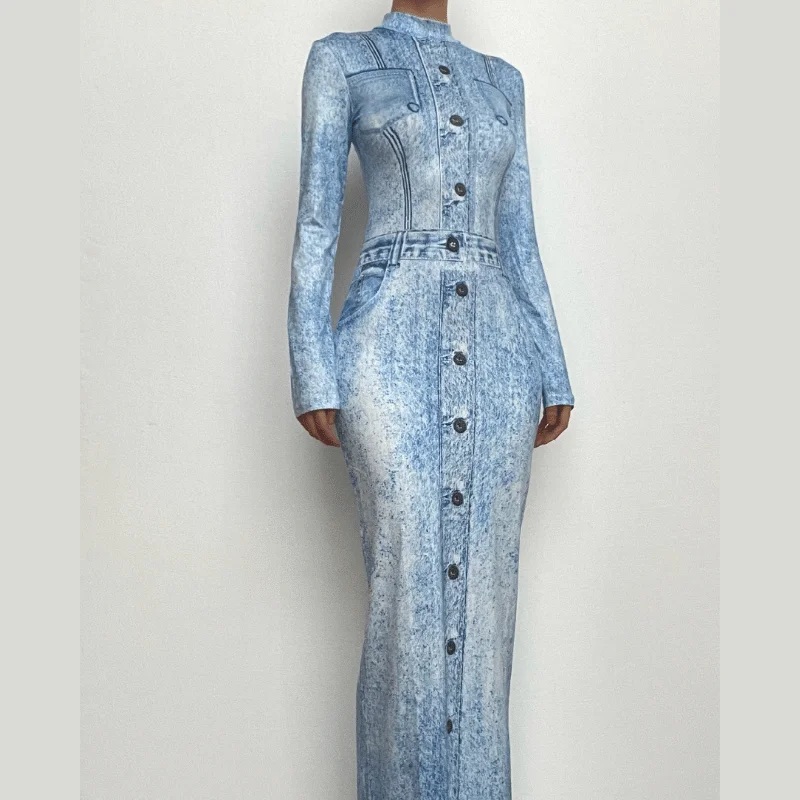 Denim print contrast high neck long sleeve maxi dress Comfortable Fitted Maxi Dress