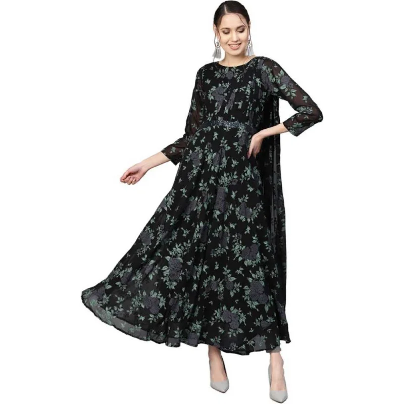 Floral Maxi Dress With Attached Dupatta Fashionable High-Waist Maxi Dress
