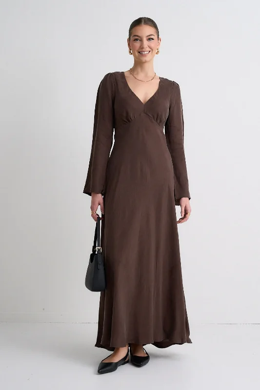 Equinox Cocoa Cupro Blend LS Maxi Dress Trendy Fit-and-Flare Maxi Dress