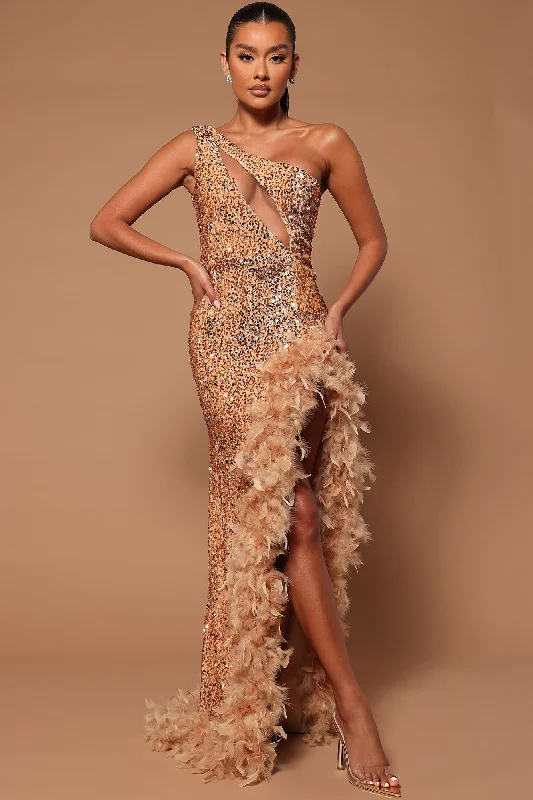 Esme Sequin Feather Maxi Dress - Nude Trendy Maxi Dress with Belt