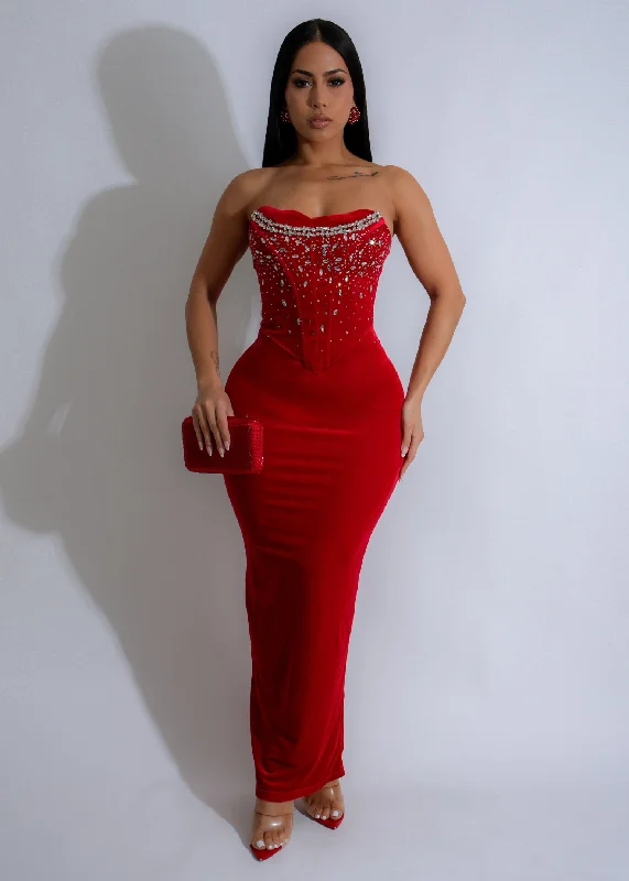 Eternal Night Velvet Rhinestone Maxi Dress Red Comfortable T-Shirt Maxi Dress