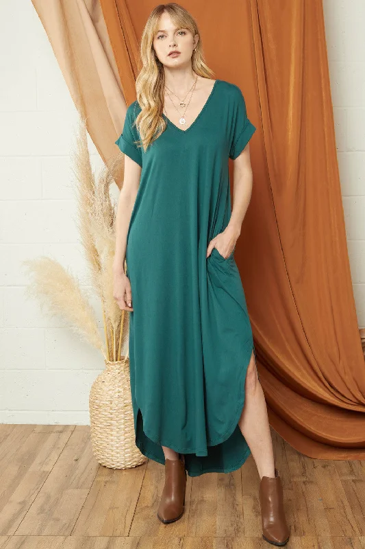 Everyday Pocket Maxi Dress, Hunter Green Trendy Short Sleeve Maxi Dress