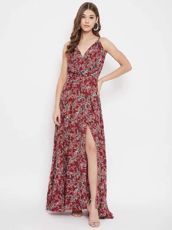 Floral Printed Slit Maxi Dress Trendy Maxi Dress with Straps