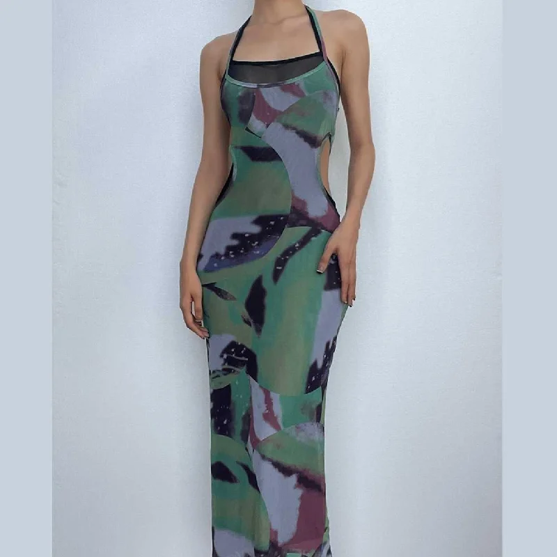 Halter self tie contrast print sheer mesh backless hollow out cut out maxi dress Cozy Ruffle Sleeve Maxi Dress