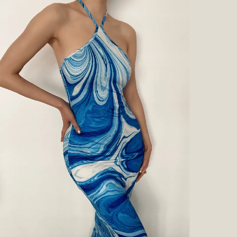 Halter tie back slit tie dye maxi dress Stylish Off-Shoulder Maxi Dress