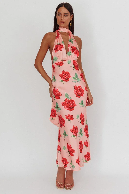 Italia Azure Halterneck Maxi Dress Rose Fashionable Button-Down Maxi Dress