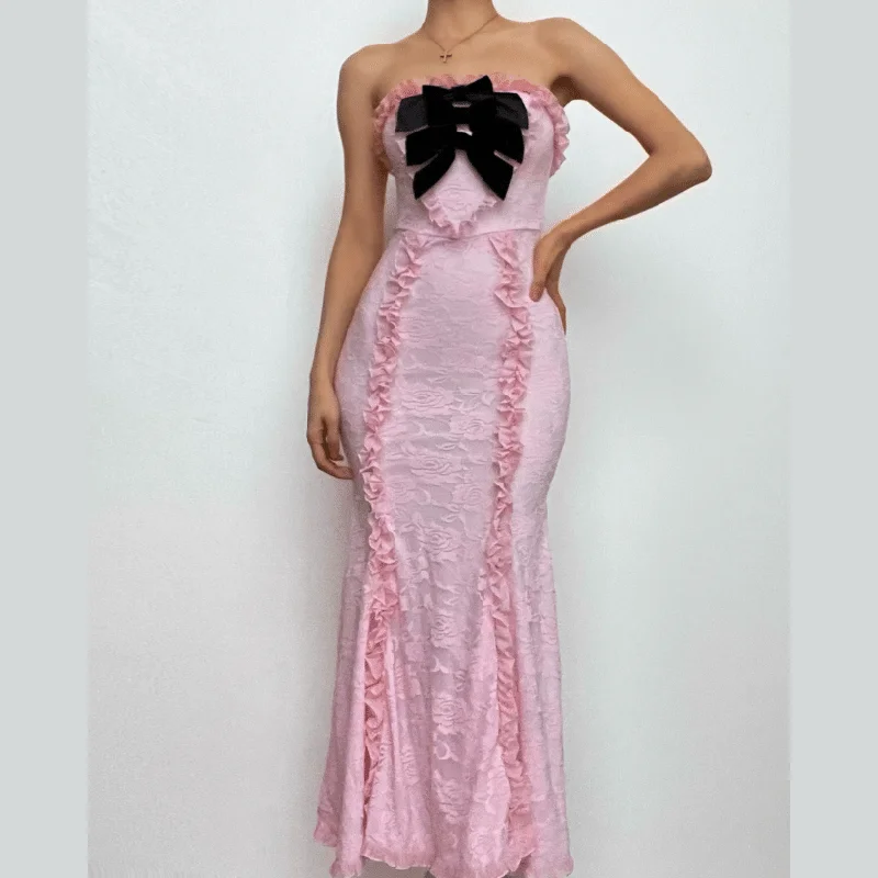 Lace contrast bowknot zip-up ruffle backless tube maxi dress Cozy Ruffle Sleeve Maxi Dress