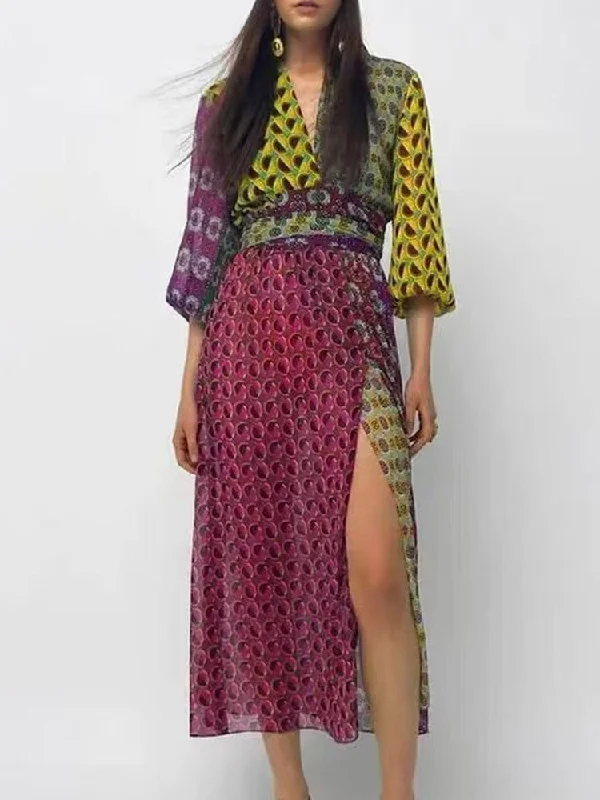 French V-Neck Colorblock 3/4 Puff Sleeve Printed Wrap Maxi Dress Fashionable Layered Maxi Dress