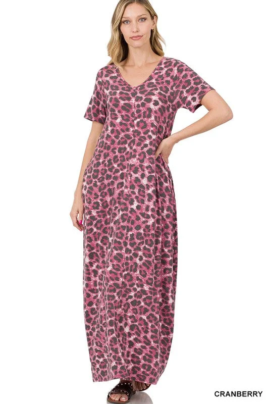 Leopard Short Sleeve Maxi Dress Comfortable Flowy Maxi Dress