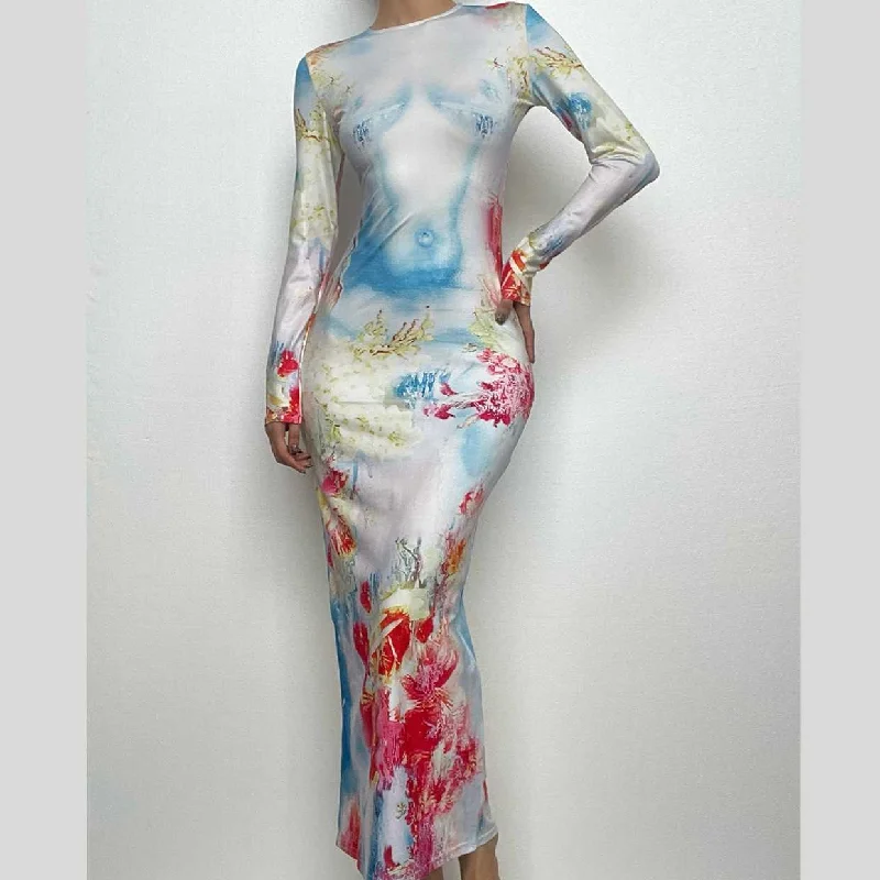 Long sleeve crewneck flower print contrast maxi dress Chic Sleeveless Maxi Dress