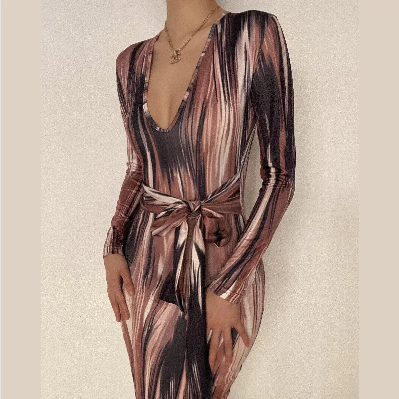 Long sleeve deep v neck knotted print maxi dress Chic Button-Up Maxi Dress