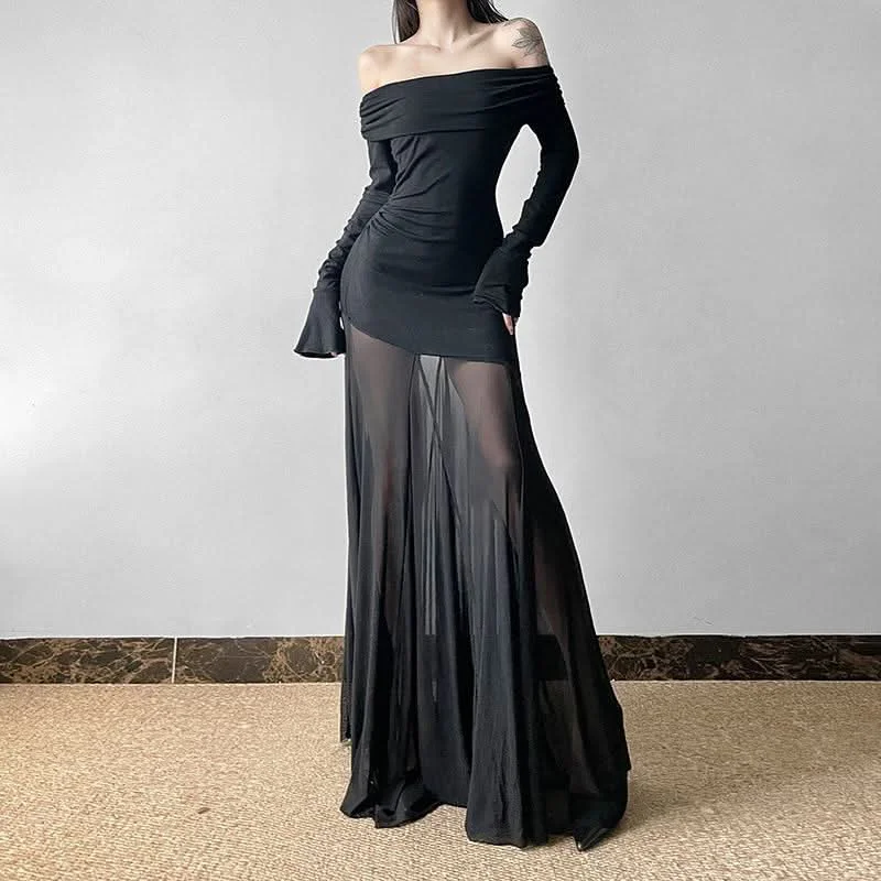Long sleeve off shoulder mesh patchwork ruched maxi dress Comfortable Casual Maxi Dress