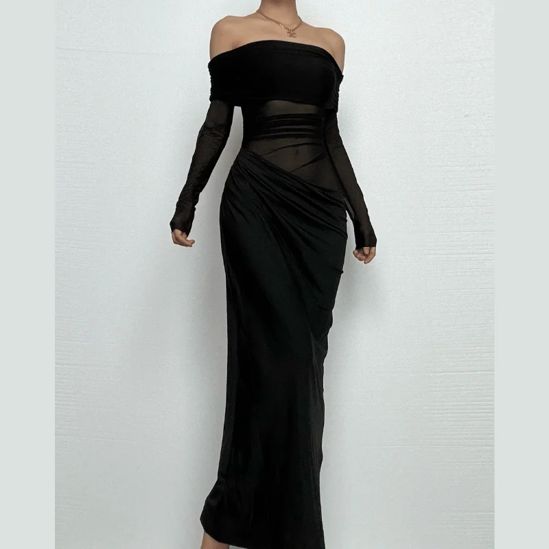 Long sleeve off shoulder mesh ruched maxi dress Chic Summer Maxi Dress