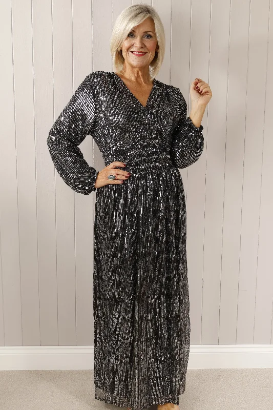 Long sleeve sequin maxi dress Silver Comfortable Flowy Maxi Dress