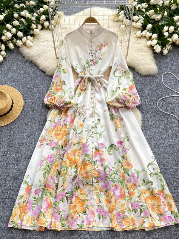 Long Sleeves Waist Tie Floral Print Maxi Dress Elegant Silk Maxi Dress