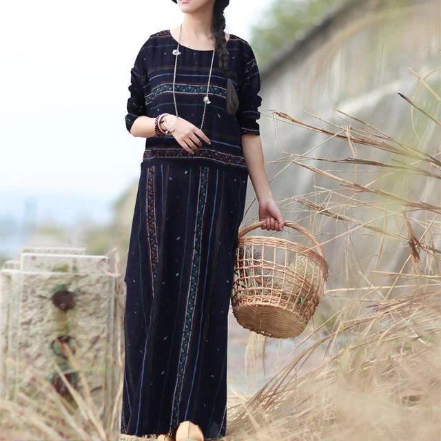 Vintage Striped Loose Boho Maxi Dress  | Zen Comfortable Maxi Dress with Slits