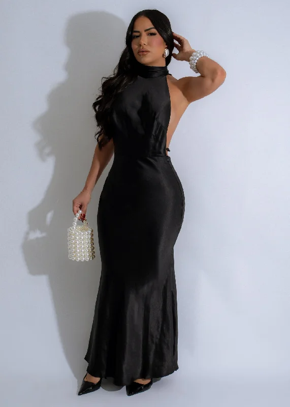 Luminous Drift Pearl Satin Maxi Dress Black Fashionable Off-Shoulder Maxi Dress