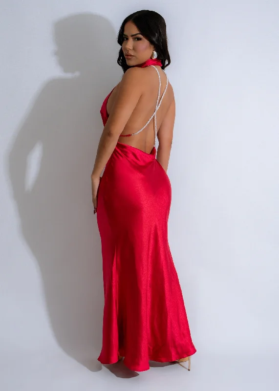 Luminous Drift Pearl Satin Maxi Dress Red Elegant Sleeveless Maxi Dress
