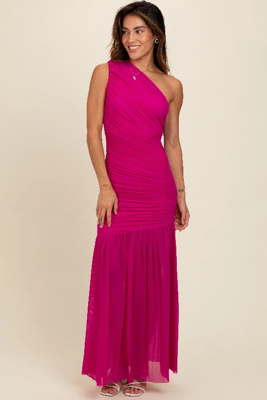 Magenta Ruched Mesh One Shoulder Maxi Dress Fashionable Chiffon Tiered Maxi Dress