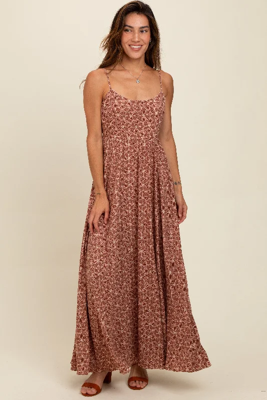 Mauve Floral Cutout Tie Back Maxi Dress Stylish Pleated A-Line Maxi Dress