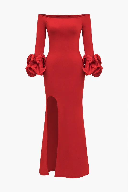 Solid  Off Shoulder Side Slit Maxi Dress Cozy Spaghetti Strap Maxi Dress