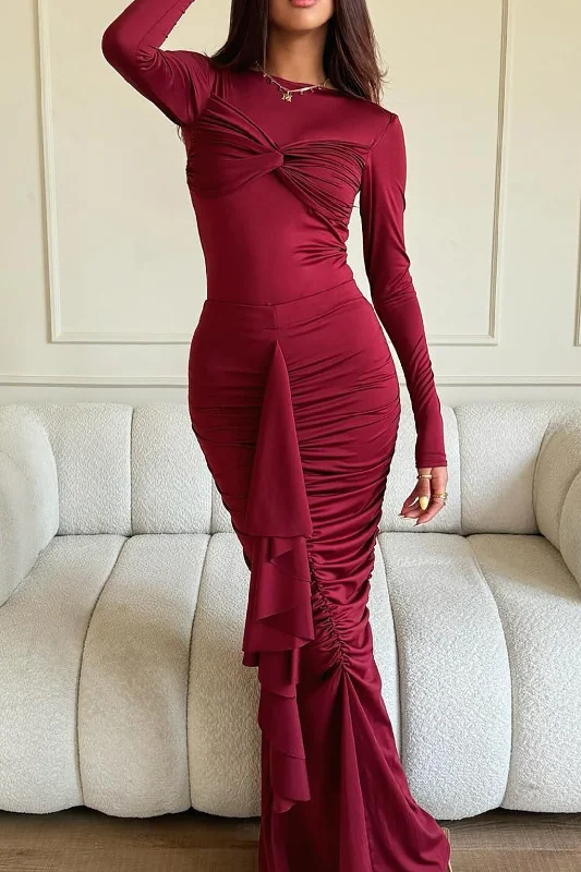 Ruffle Twist Maxi Dress Stylish Pleated A-Line Maxi Dress