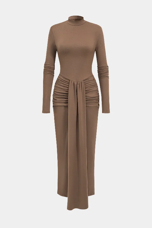 Ruched Detail Long Sleeve Maxi Dress Fashionable Maxi Dress with Fringe