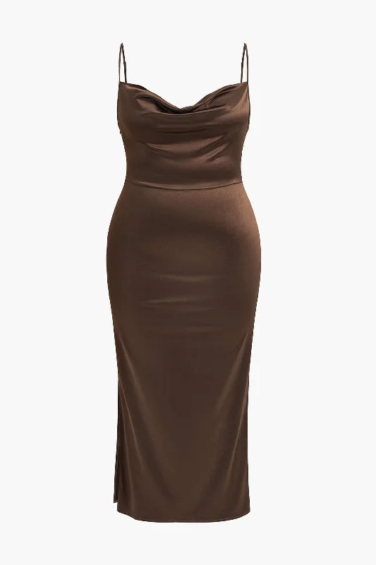 Plus Size Satin Slip Draped Cowl Neck Maxi Dress Fashionable Sheer Maxi Dress